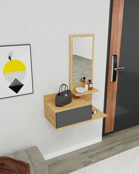 Arnetti Rozella Aynalı Dresuar Duvara Monte Çekmeceli Dresuar Makyaj Masası Antrasit , Safirmeşe - 4