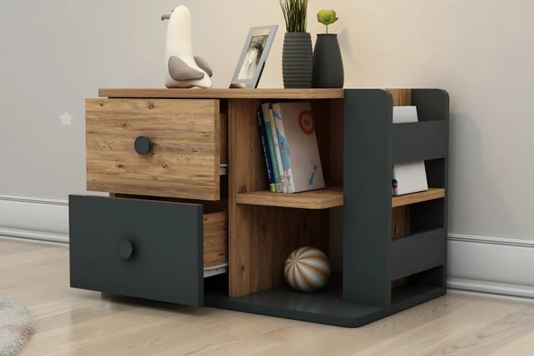 Arnetti Valerin Çekmeceli Modern Komodin Atlantik Çam Antrasit - Resim 3