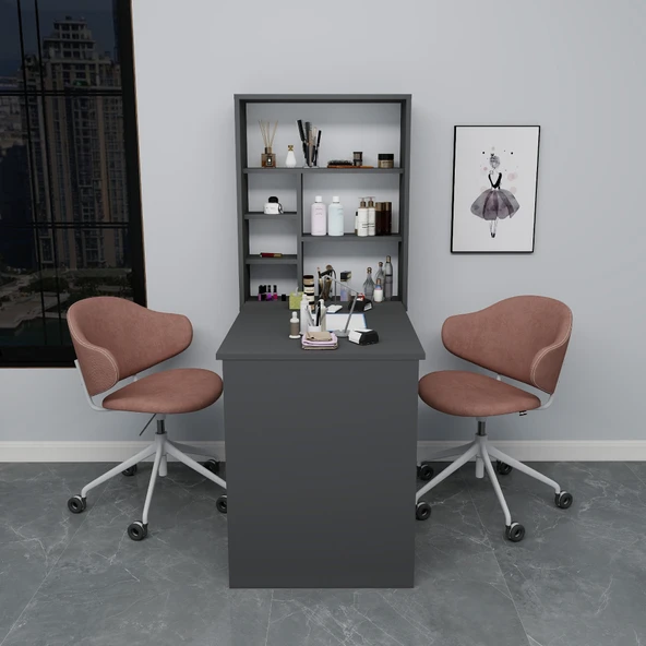 Arnetti Sedir Katlanabilir Dekoratif Raflı Masa,Çalışma Masası, Manikür Pedikür Masası Antrasit - Resim 4