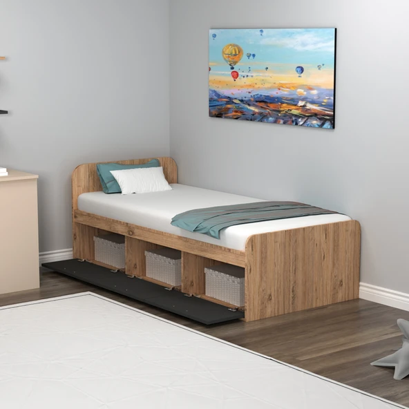 Arnetti Akser Atlantik Çam Antrasit Karyola - 90x190 Tek Kişilik Yatak Uyumlu Dolaplı Genç Odası Karyola - 3