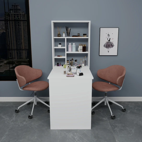 Arnetti Sedir Katlanabilir Dekoratif Raflı Çalışma Masası, Manikür Pedikür Masası Beyaz - Resim 4