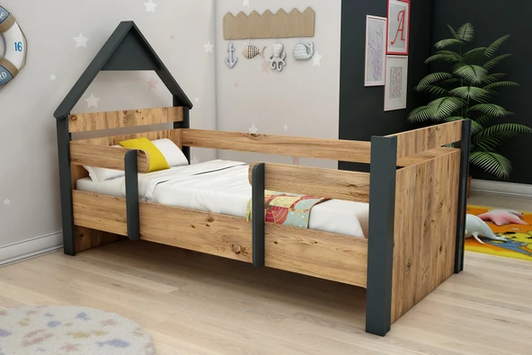 Arnetti Valerin Karyola Çocuk Montessori Karyola Atlantik Çam Antrasit (GİRİŞ SAĞ VE SOL OLARAK KURULABİLİR) - Resim 2