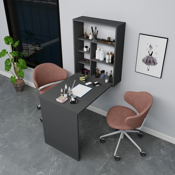 Arnetti Sedir Katlanabilir Dekoratif Raflı Masa,Çalışma Masası, Manikür Pedikür Masası Antrasit - Resim 2