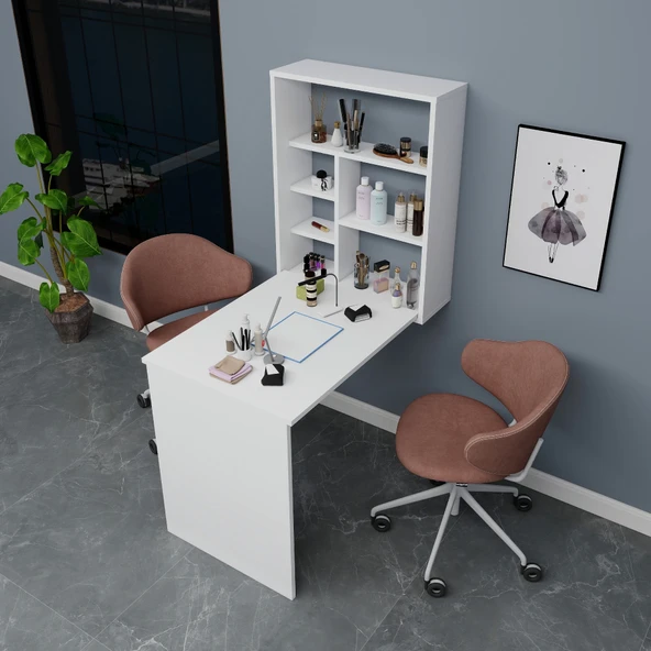 Arnetti Sedir Katlanabilir Dekoratif Raflı Çalışma Masası, Manikür Pedikür Masası Beyaz - Resim 2