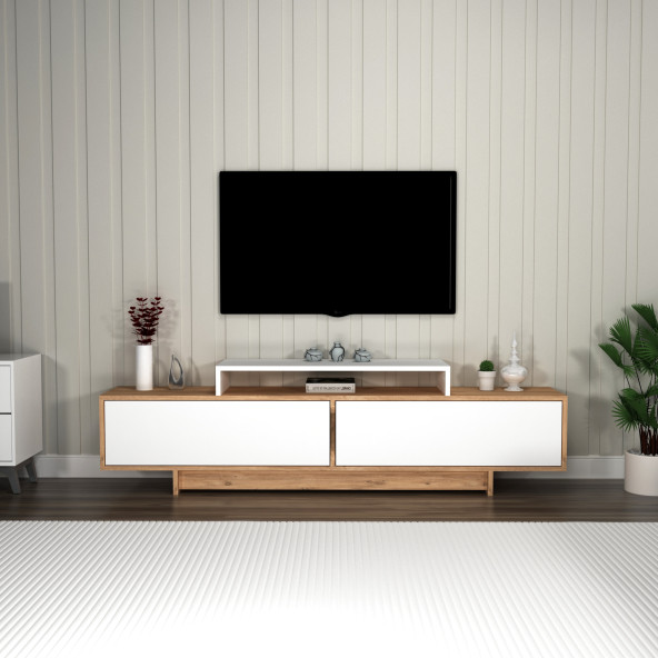 Arnetti Tv Sehpası, 2 Kapaklı Raflı Dekoratif GRASYAS Televizyon Sehpası, Atlantik Çam Beyaz