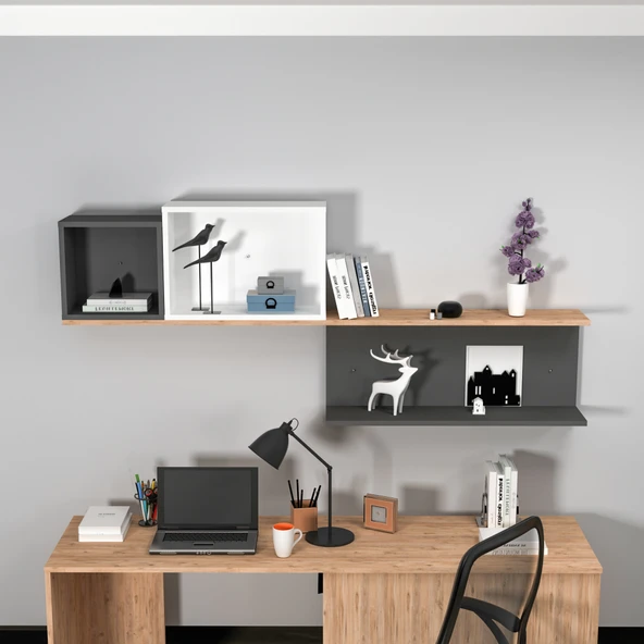 Arnetti Akser Atlantik Çam Antrasit Beyaz 3 Bölmeli Duvar Rafı - Dekoratif Kitaplık ve Raf Ünitesi ürün görseli 1