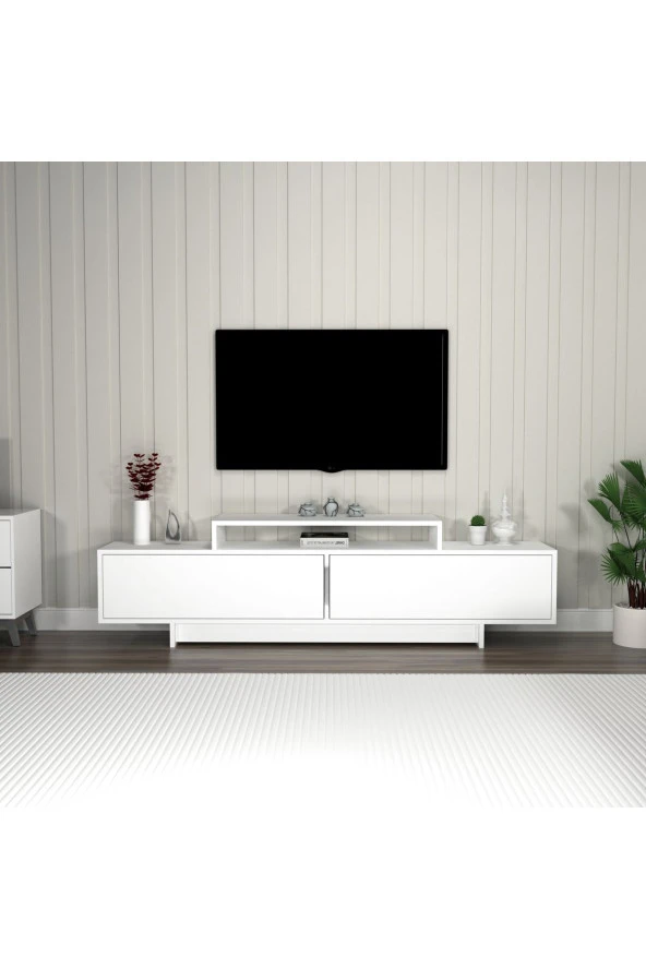 Arnetti Tv Sehpası, 2 Kapaklı Raflı Dekoratif GRASYAS Televizyon Sehpası, Beyaz