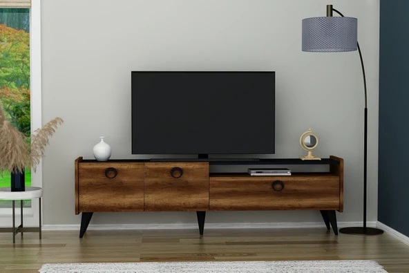 Arnetti Lİne TV Sehpası Dolaplı Raflı Modern TV Ünitesi Ceviz, Siyah