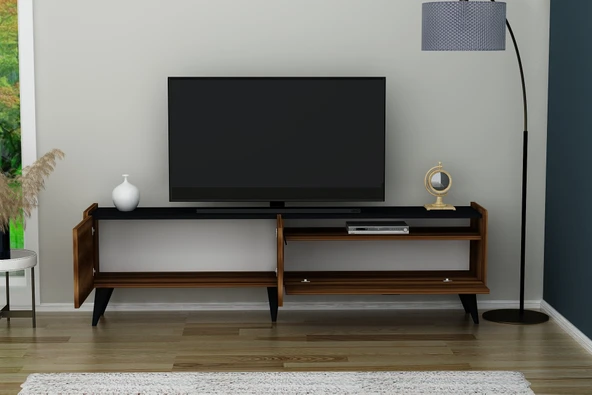 Arnetti Lİne TV Sehpası Dolaplı Raflı Modern TV Ünitesi Ceviz, Siyah - 3