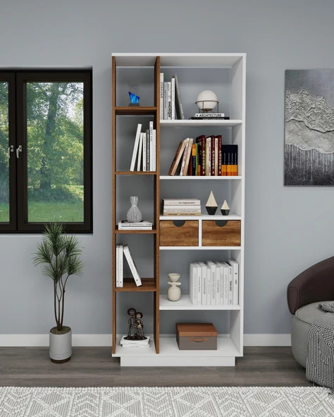 Arnetti Luma 10 Bölmeli 2 Dolaplı Modern Kitaplık Beyaz Ceviz - Luma - 1