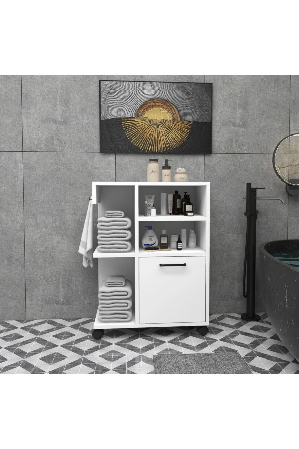 Arnetti Banyo Dolabı Kapaklı 4 Raflı Tekerlekli REBUSA Banyo Dolabı, Beyaz