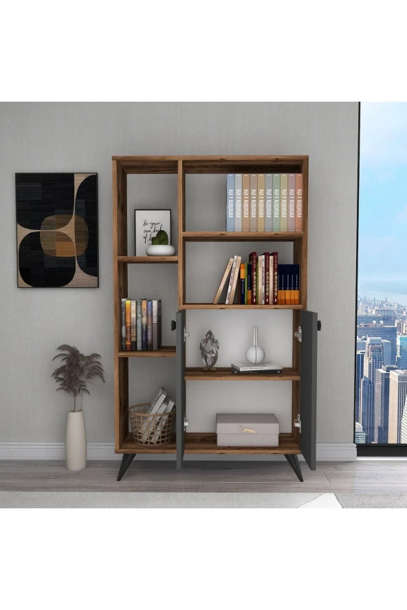 ARNETTİ Kitaplık 7 Raflı Çift Kapaklı Dekoratif Meldan Kitaplık Lidya Antrasit - 3