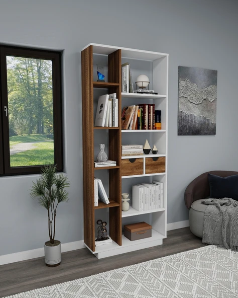 Arnetti Luma 10 Bölmeli 2 Dolaplı Modern Kitaplık Beyaz Ceviz - Luma - 3