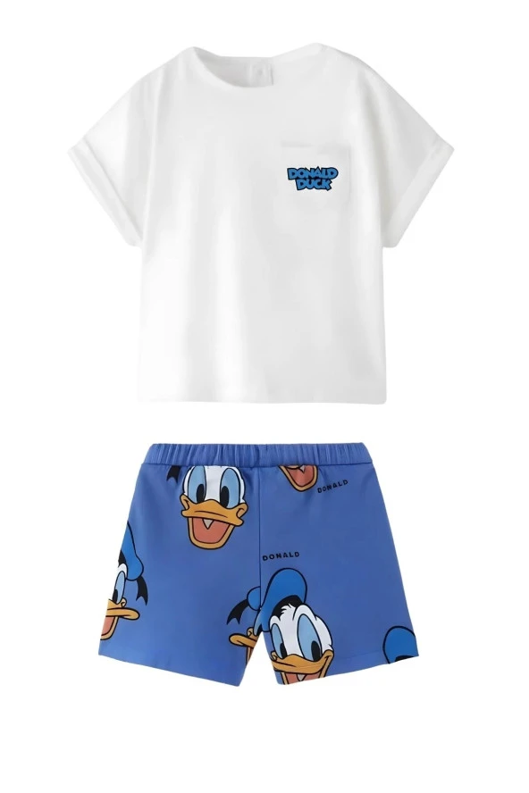 Unisex Bebek & Çocuk Donald Duck Baskılı Pamuklu Bisiklet Yaka Beyaz T-shirt ve Şort Alt Üst Takım