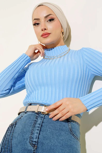 Fitilli Esnek Triko Kazak Mavi - 2