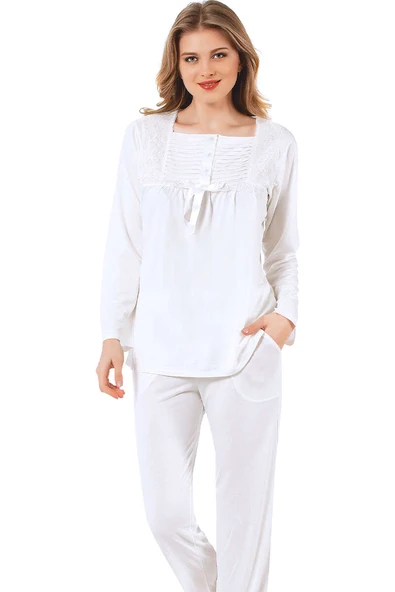 Kare Yaka Pijama Takımı Ekru - Resim 2