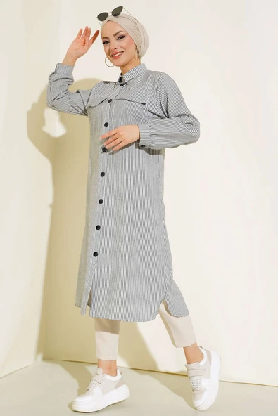 Önden Düğmeli Çizgili Gofre Tunik Siyah - Resim 2