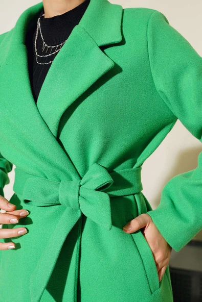 Kruvaze Kuşaklı Kaşe Kaban Yeşil - Resim 4