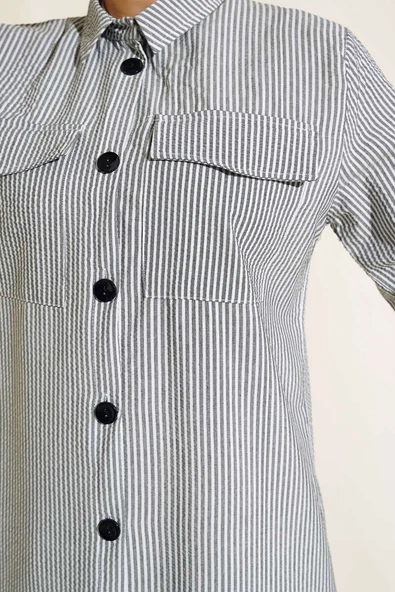 Önden Düğmeli Çizgili Gofre Tunik Siyah - Resim 4