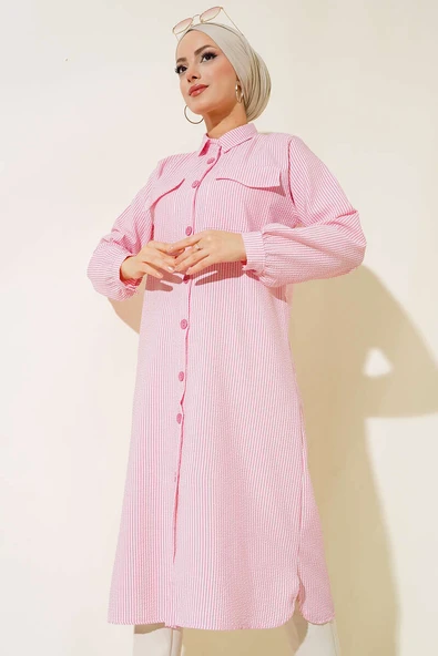 Önden Düğmeli Çizgili Gofre Tunik Pembe - Resim 2
