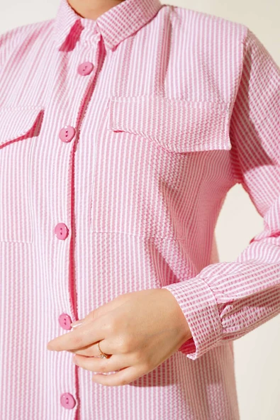 Önden Düğmeli Çizgili Gofre Tunik Pembe - Resim 4