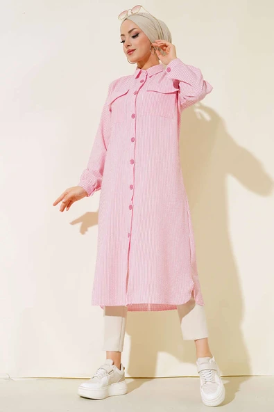 Önden Düğmeli Çizgili Gofre Tunik Pembe ürün görseli