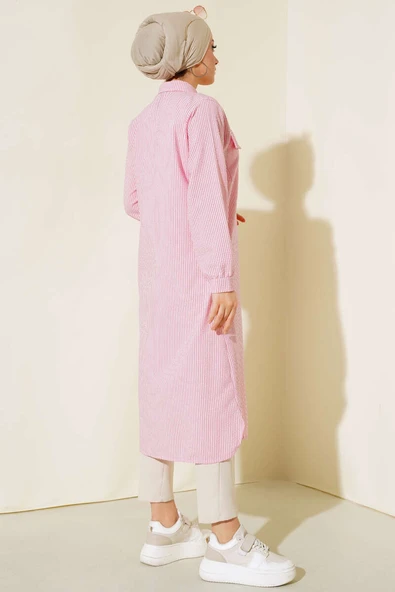 Önden Düğmeli Çizgili Gofre Tunik Pembe - Resim 3