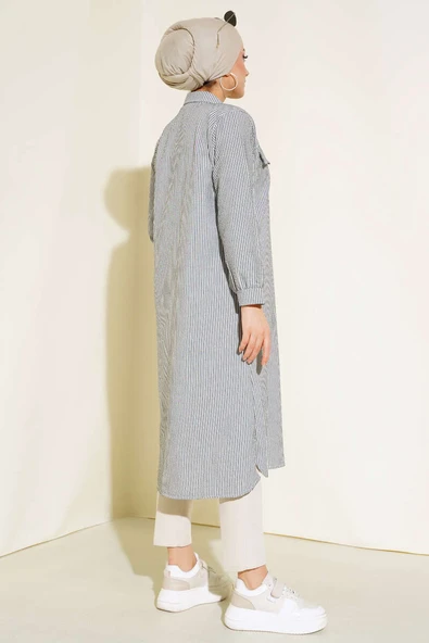 Önden Düğmeli Çizgili Gofre Tunik Siyah - Resim 3