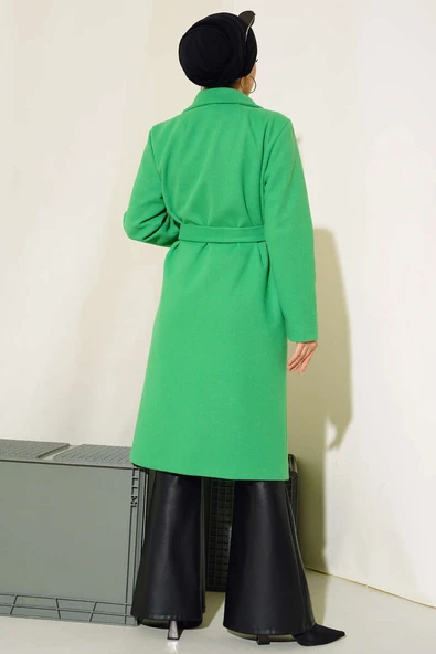 Kruvaze Kuşaklı Kaşe Kaban Yeşil - Resim 3