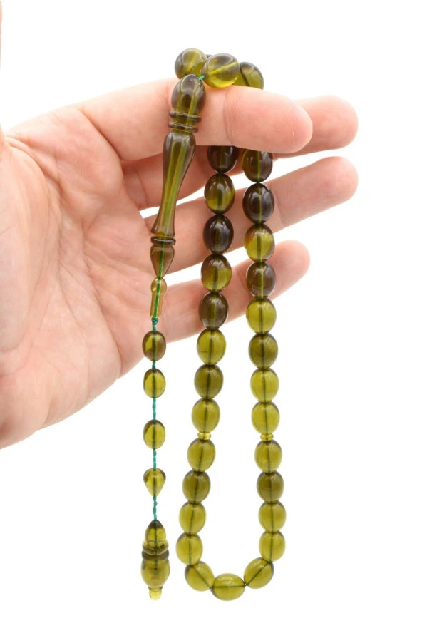 Sistemli Beyzi Kesim Dev Boy Zeytinyağı Rengi Toz Pres Kehribar Tesbih - 4