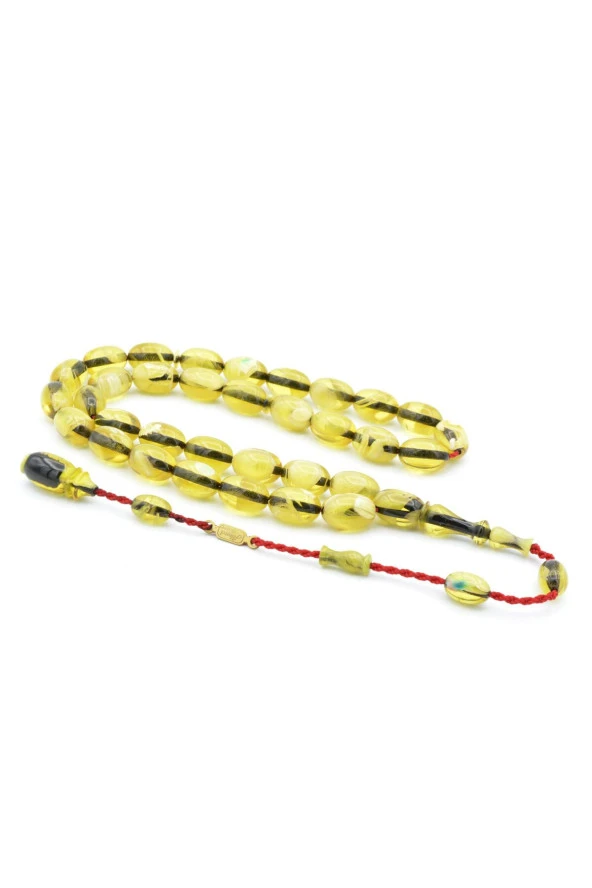 Ahmet Emin İmzalı Badem Kesim Hareli Sarı Sıkma Kehribar Tesbih ürün görseli 1