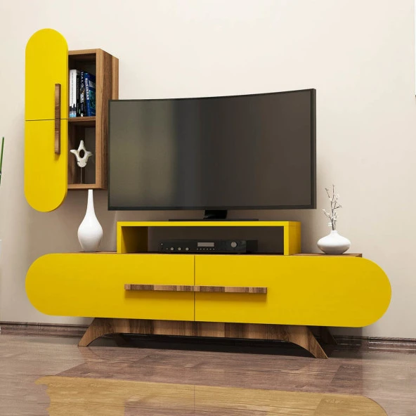 Variant Mobilya Rose Duvar Raflı Tv Ünitesi - Ceviz / Sarı