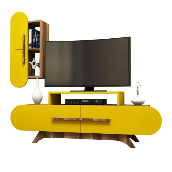 Variant Mobilya Rose Duvar Raflı Tv Ünitesi - Ceviz / Sarı - Resim 3