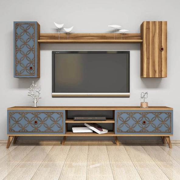 Variant Mobilya Class Duvar Raflı Tv Ünitesi - Ceviz / Mavi - Resim 3