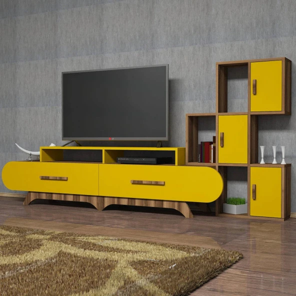 Variant Mobilya Flora Duvar Raflı Tv Ünitesi - Ceviz / Sarı