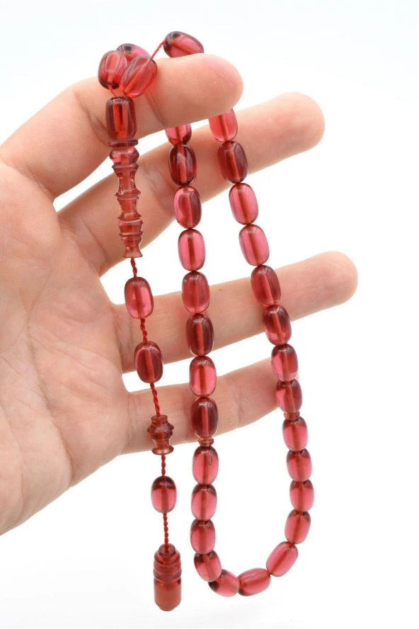 Usta İşçilikli Sistemli Kapsül Kesim Koyu Pembe Sıkma Kehribar Tesbih - Resim 4