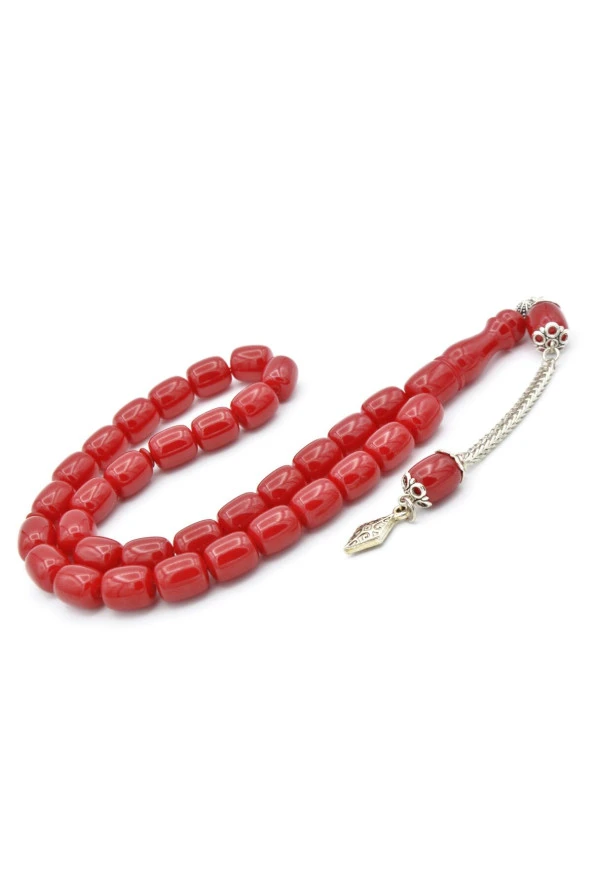 Gümüş Kaplama Kamçılı Kapsül Kesim Kırmızı Katalin Tesbih ürün görseli 1