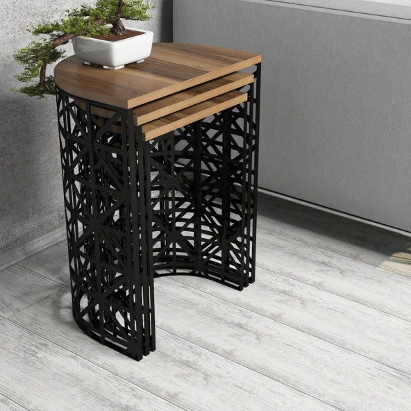 Variant Mobilya Stil Metal Ferforje 3Lü Zigon Sehpa - Ceviz - Resim 2