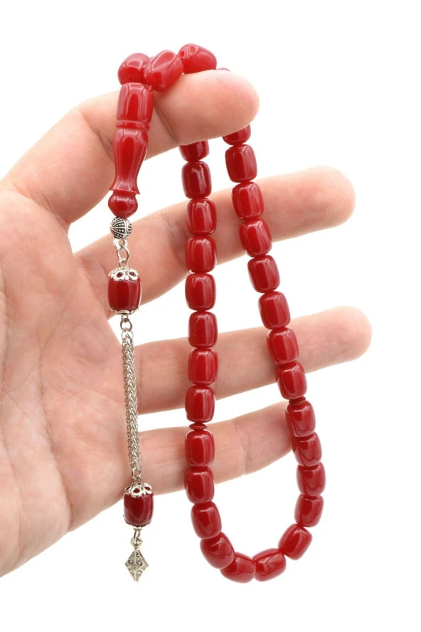 Gümüş Kaplama Kamçılı Kapsül Kesim Kırmızı Katalin Tesbih - Resim 3