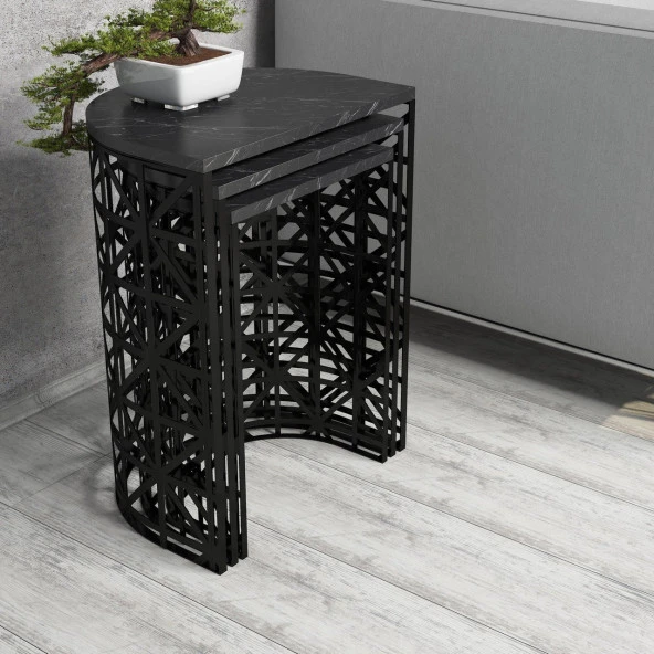 Variant Mobilya Stil Metal Ferforje 3Lü Zigon Sehpa - Siyah/Mermer - 2