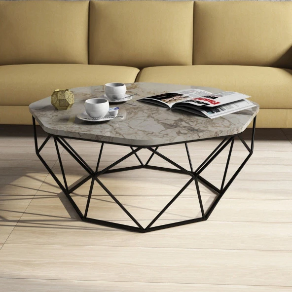 Variant Mobilya Diamond Metal Ayaklı Orta Sehpa - Beyaz/Mermer