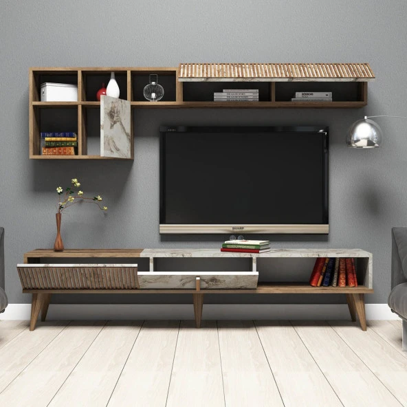 Variant Mobilya Milan Tv Ünitesi - Ceviz / Beyaz Mermer - Resim 2