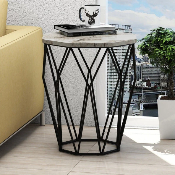 Variant Mobilya Sofya Metal Ayaklı Yan Sehpa - Beyaz/Mermer - 2