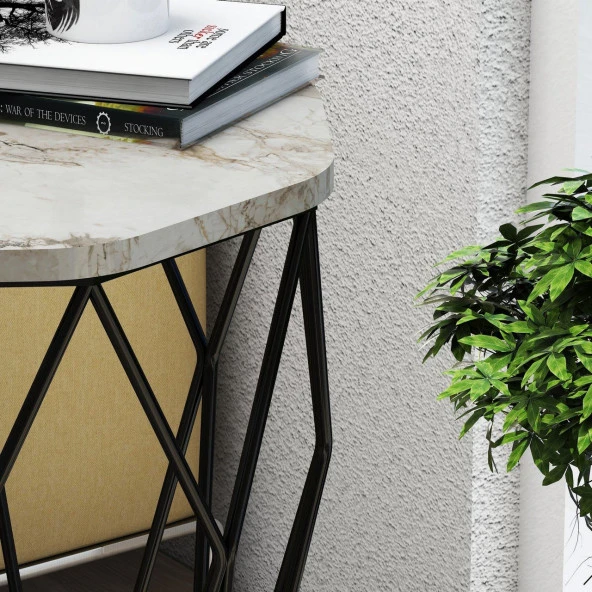 Variant Mobilya Sofya Metal Ayaklı Yan Sehpa - Beyaz/Mermer - 3