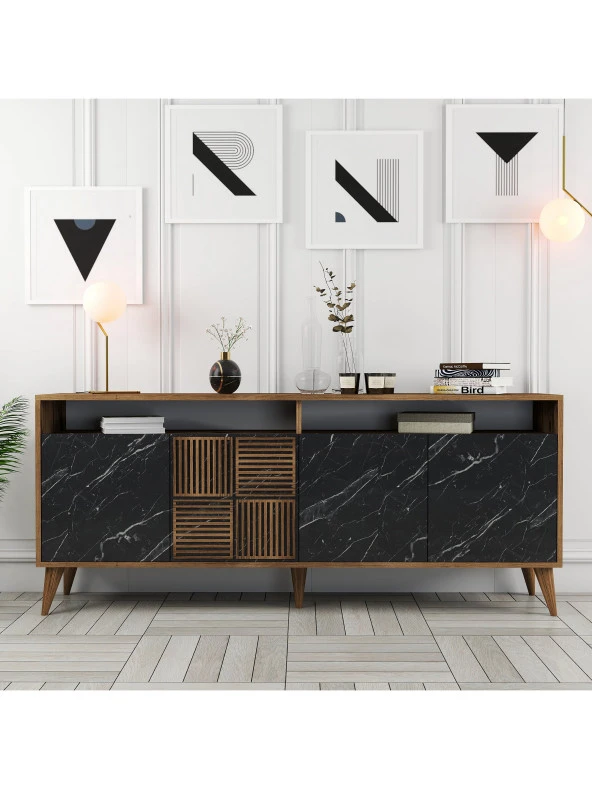 Variant Mobilya Milan Konsol - Ceviz / Siyah Mermer