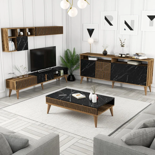 Variant Mobilya Milan 3 Lü Salon Takımı - Ceviz / Siyah Mermer