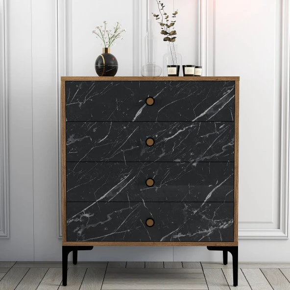Variant Mobilya Lizbon 4 Çekmece Şifonyer - Ceviz / Siyah Mermer