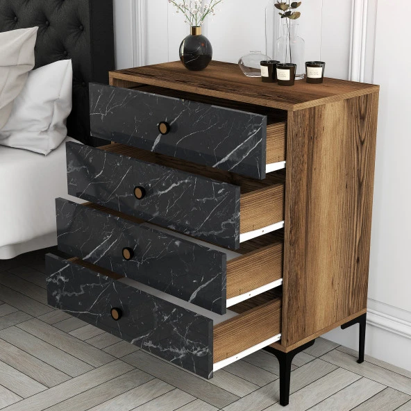 Variant Mobilya Lizbon 4 Çekmece Şifonyer - Ceviz / Siyah Mermer - 2