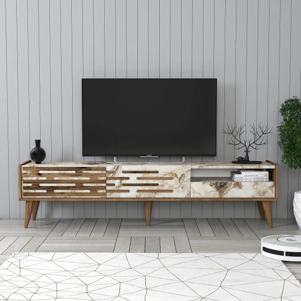 Variant Mobilya Valensiya Alt Tv Ünitesi - Ceviz / Beyaz Mermer