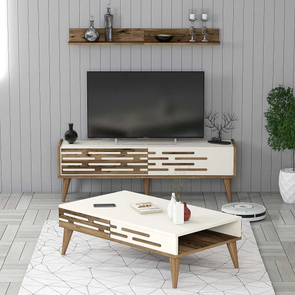 Variant Mobilya Valensiya 140Cm Tv Ünitesi Ve Orta Sehpa Takımı - Ceviz / Krem